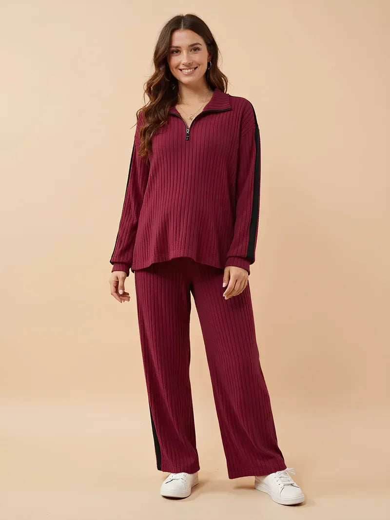 Two-Piece Ribbed Knit Maternity Set — Rust Brown