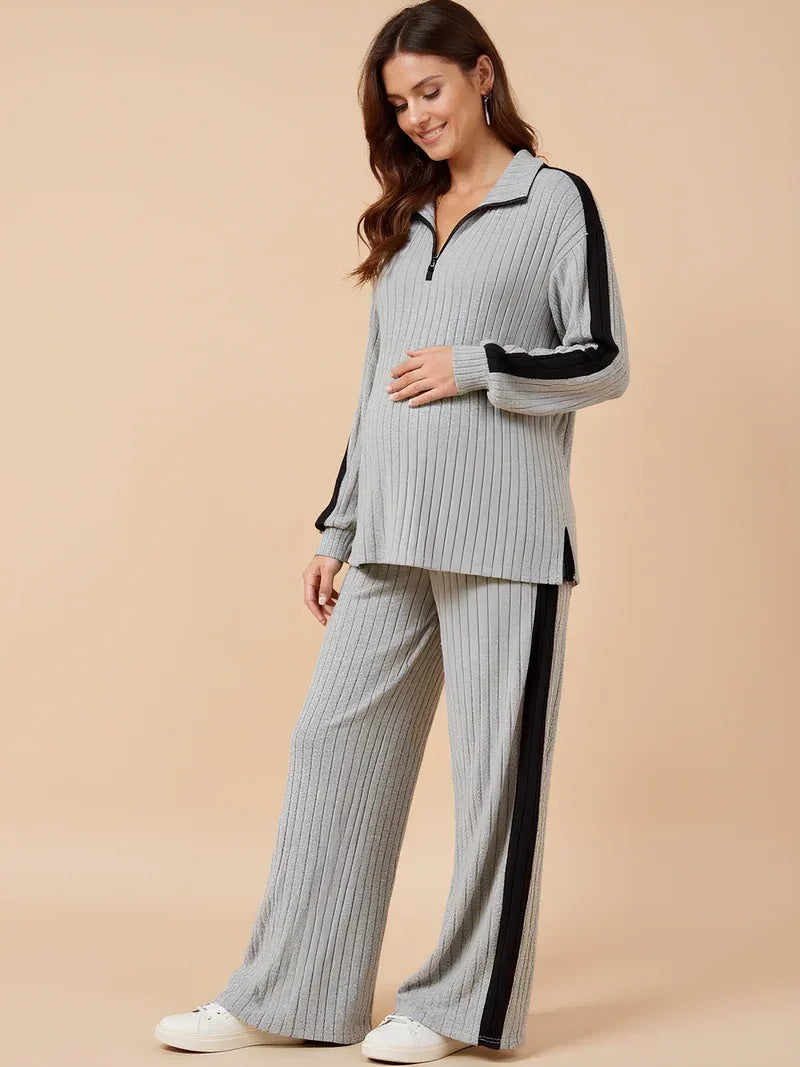 Two-Piece Ribbed Knit Maternity Set — Grey