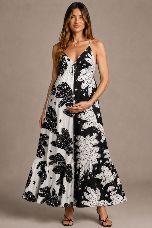 Sleeveless Long Maternity Dress — Black/White