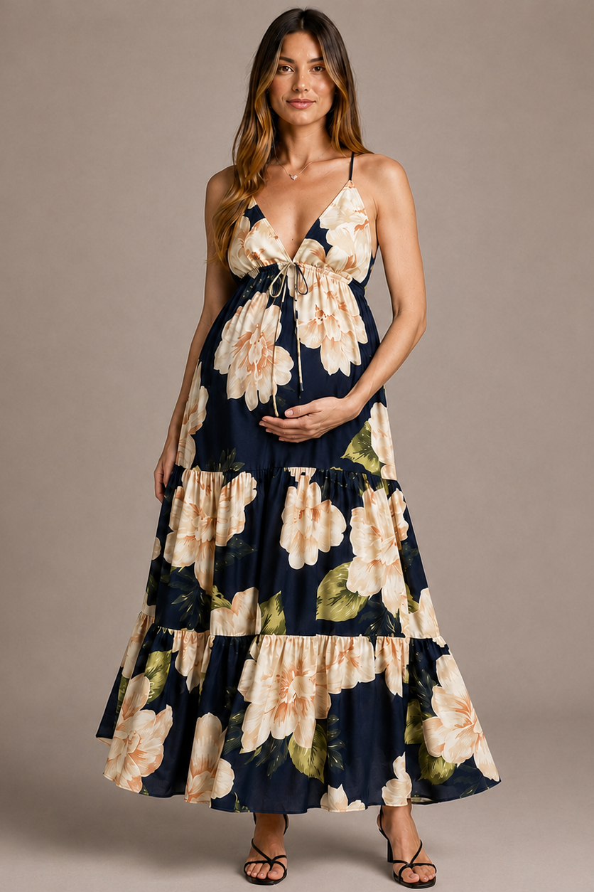 Long Floral Maternity Dress with V-Neck and Open Back — Black/Cream/Green