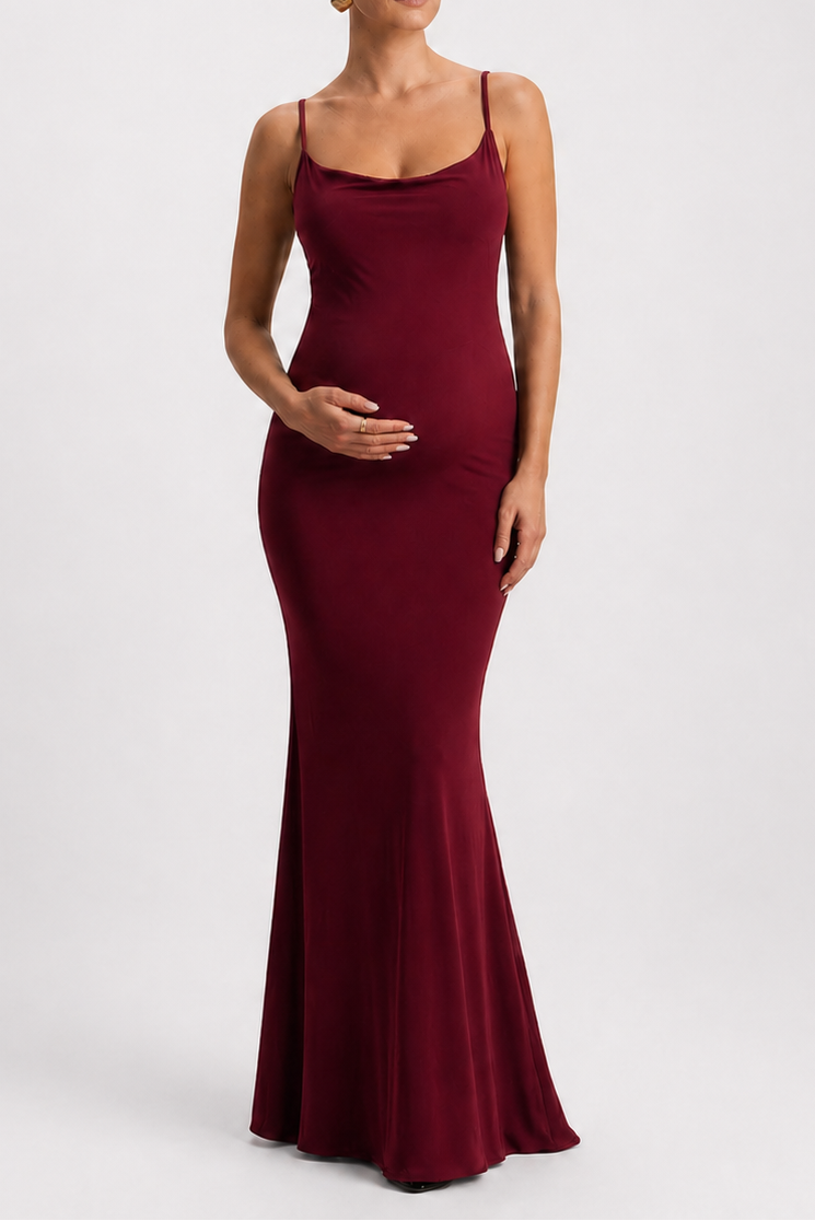Maternity Dress with Open Back and Cowl Neck – Maxi — Wine Red