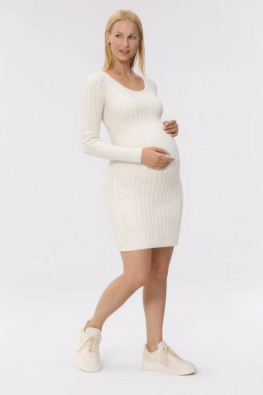 Maternity Knit Sweater Dress with Cable Knit and Round Neck — White