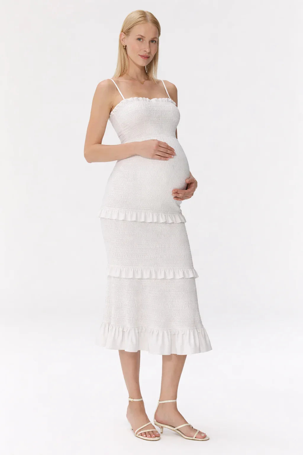 Midi maternity smocked dress with ruffles — White