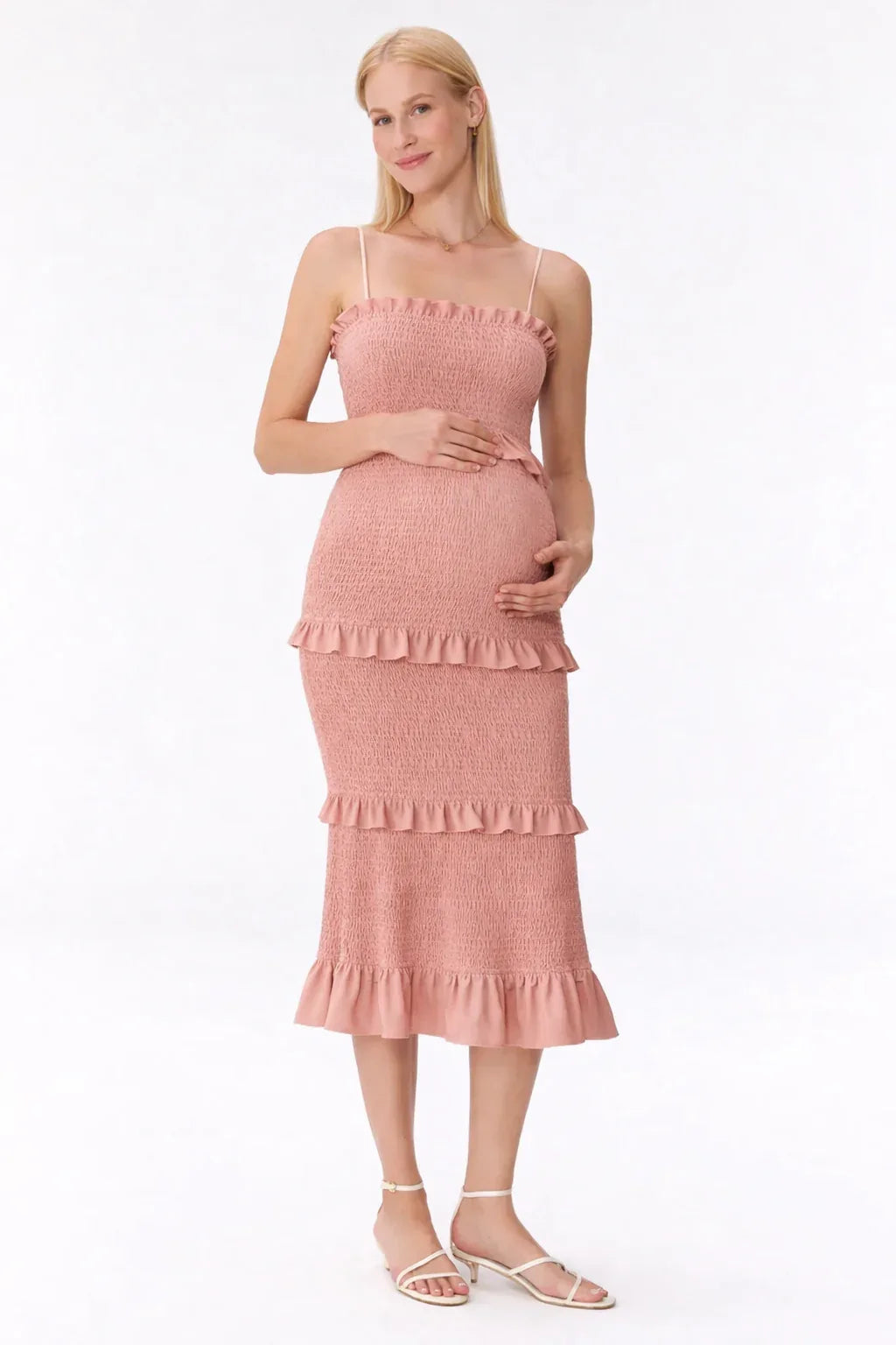 Midi maternity smocked dress with ruffles — Pink