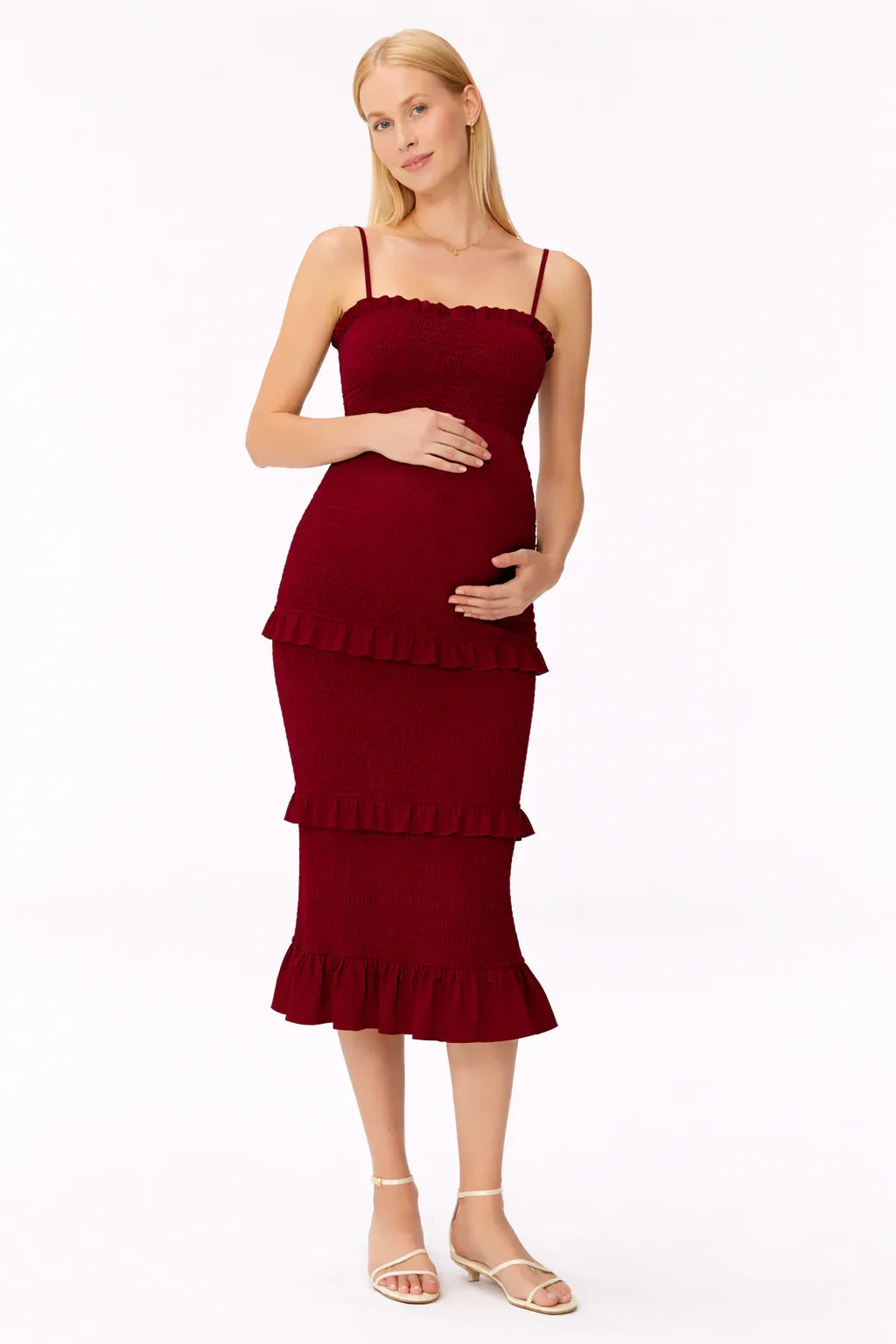 Midi maternity smocked dress with ruffles — Wine Red