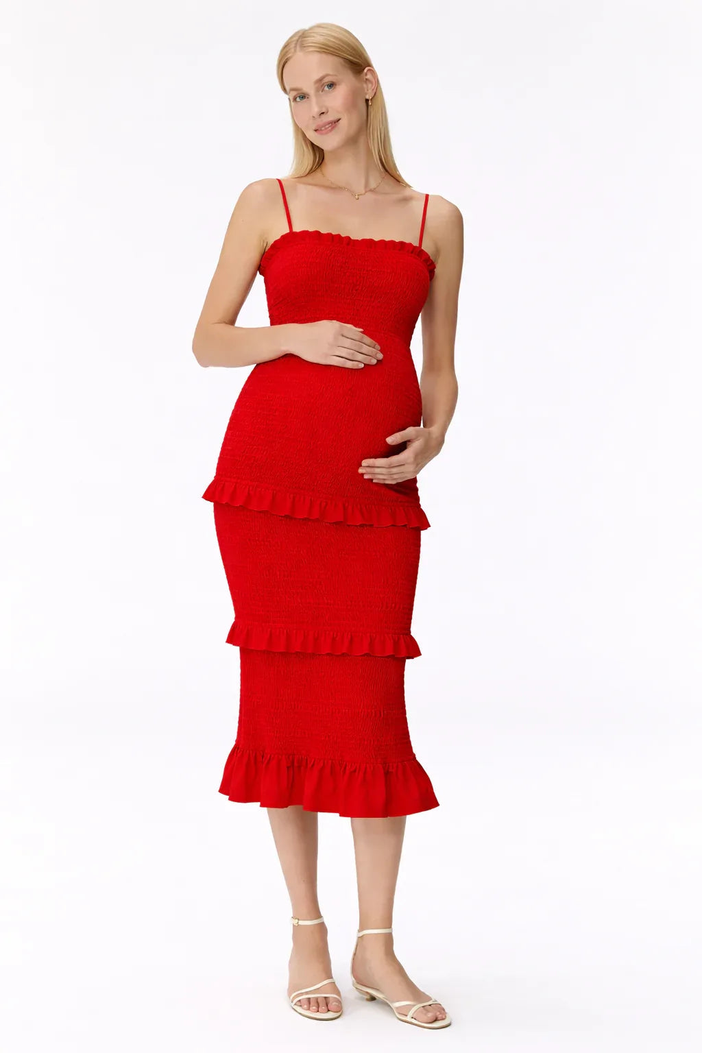 Midi maternity smocked dress with ruffles — Red