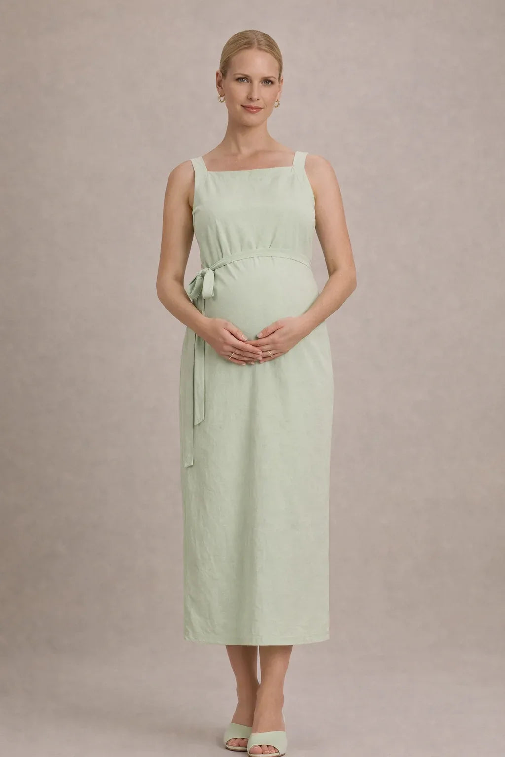 Sleeveless Empire Waist Midi Maternity Dress — Green