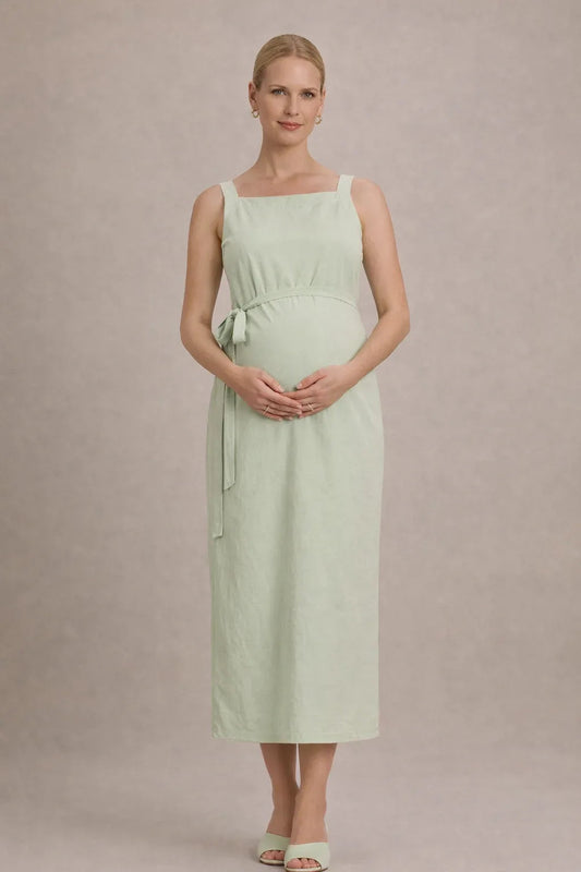 Sleeveless Empire Waist Midi Maternity Dress — Green