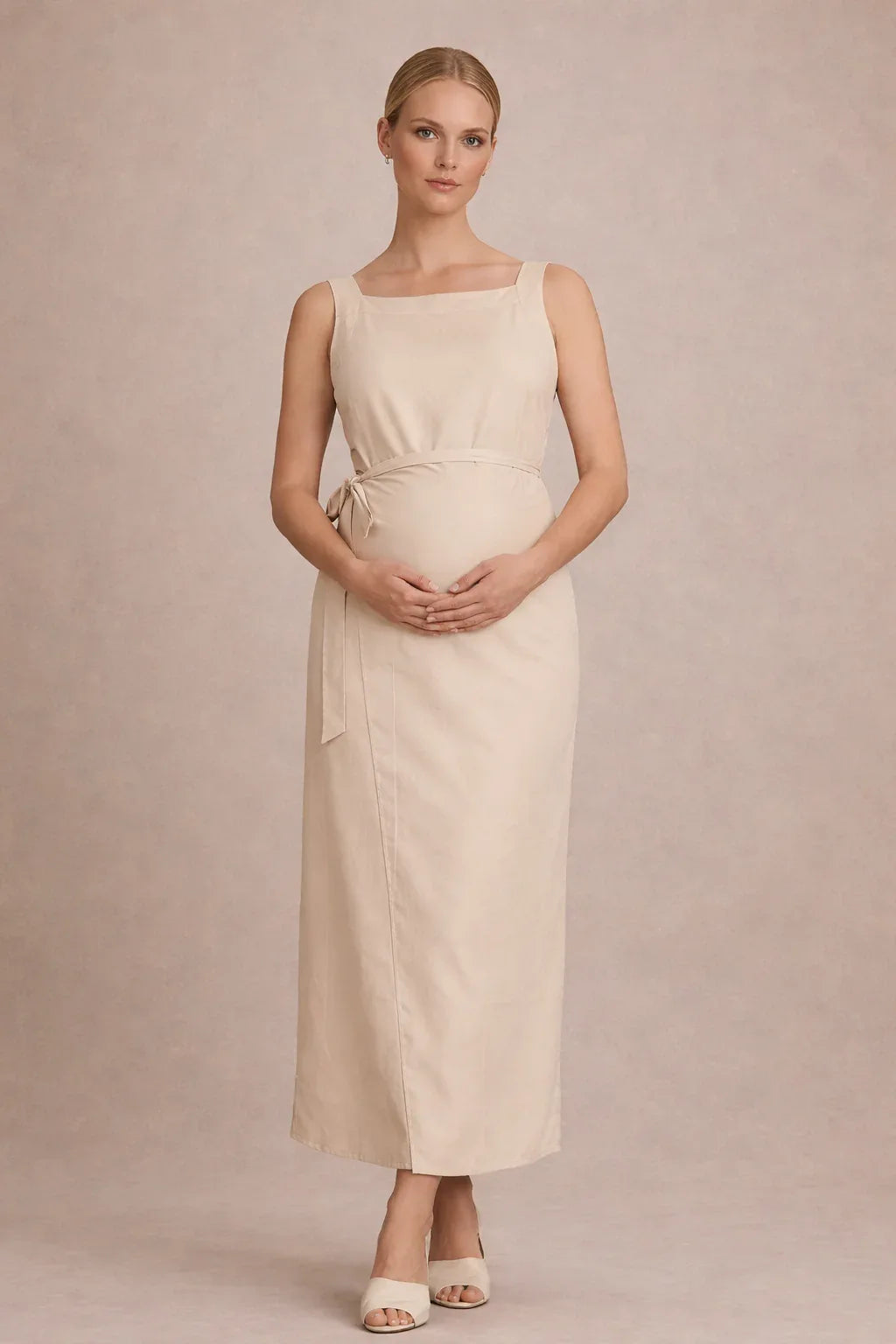 Sleeveless Empire Waist Midi Maternity Dress — Beige