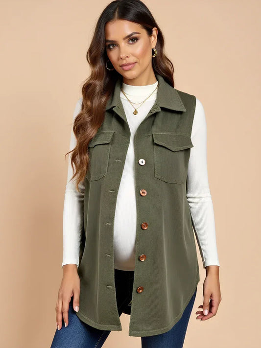 Corduroy Maternity Vest with Buttons — Green