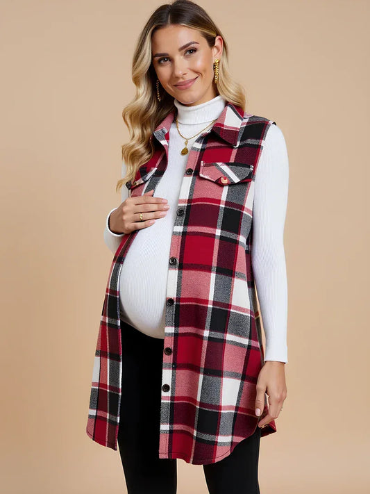 Sleeveless Plaid Maternity Vest — Red