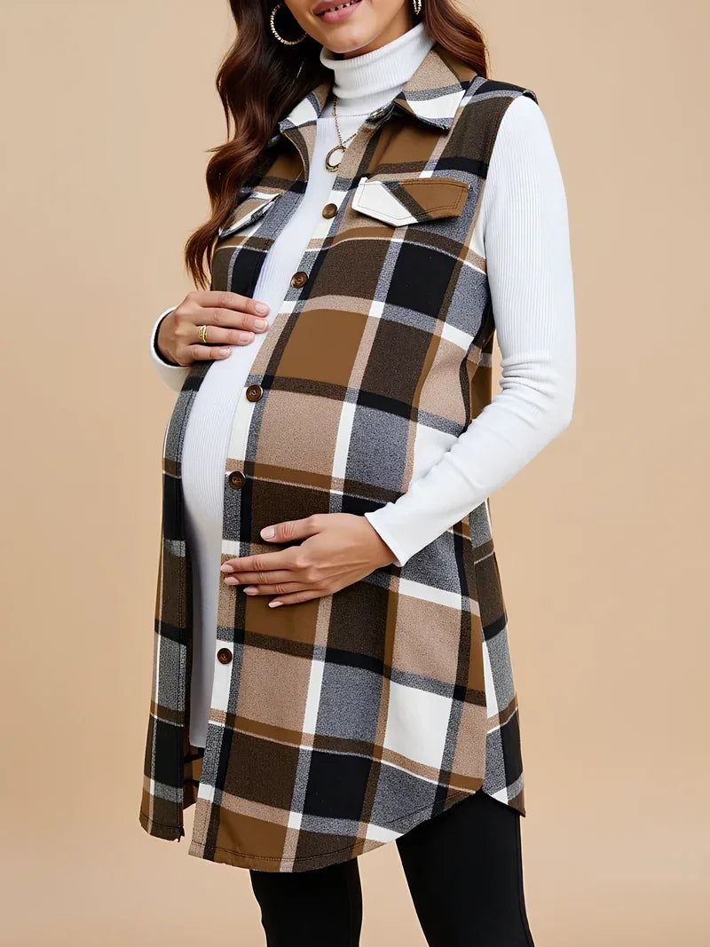 Sleeveless Plaid Maternity Vest — Brown