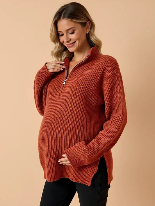 Zipped Maternity Sweater with High Collar — Rust Brown