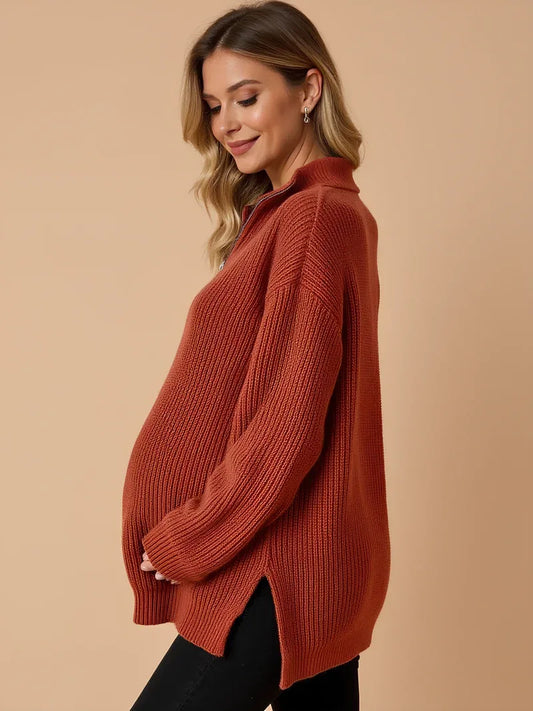 Zipped Maternity Sweater with High Collar — Rust Brown