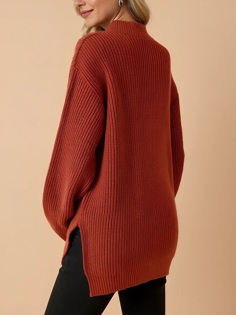 Zipped Maternity Sweater with High Collar — Rust Brown
