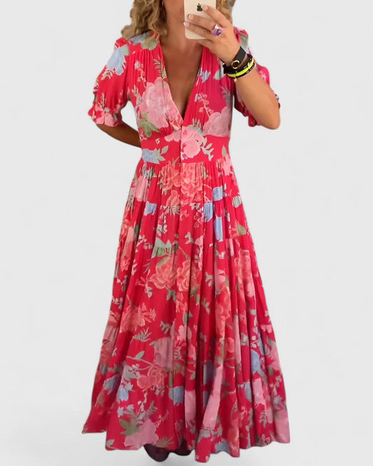 Mid-length dress with floral print — Red