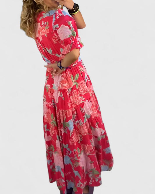 Mid-length dress with floral print — Red