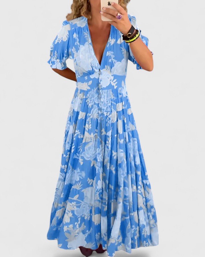 Mid-length dress with floral print — Blue