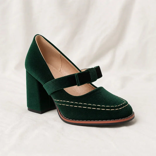 Velvet block heel moccasins for elegant women — Green