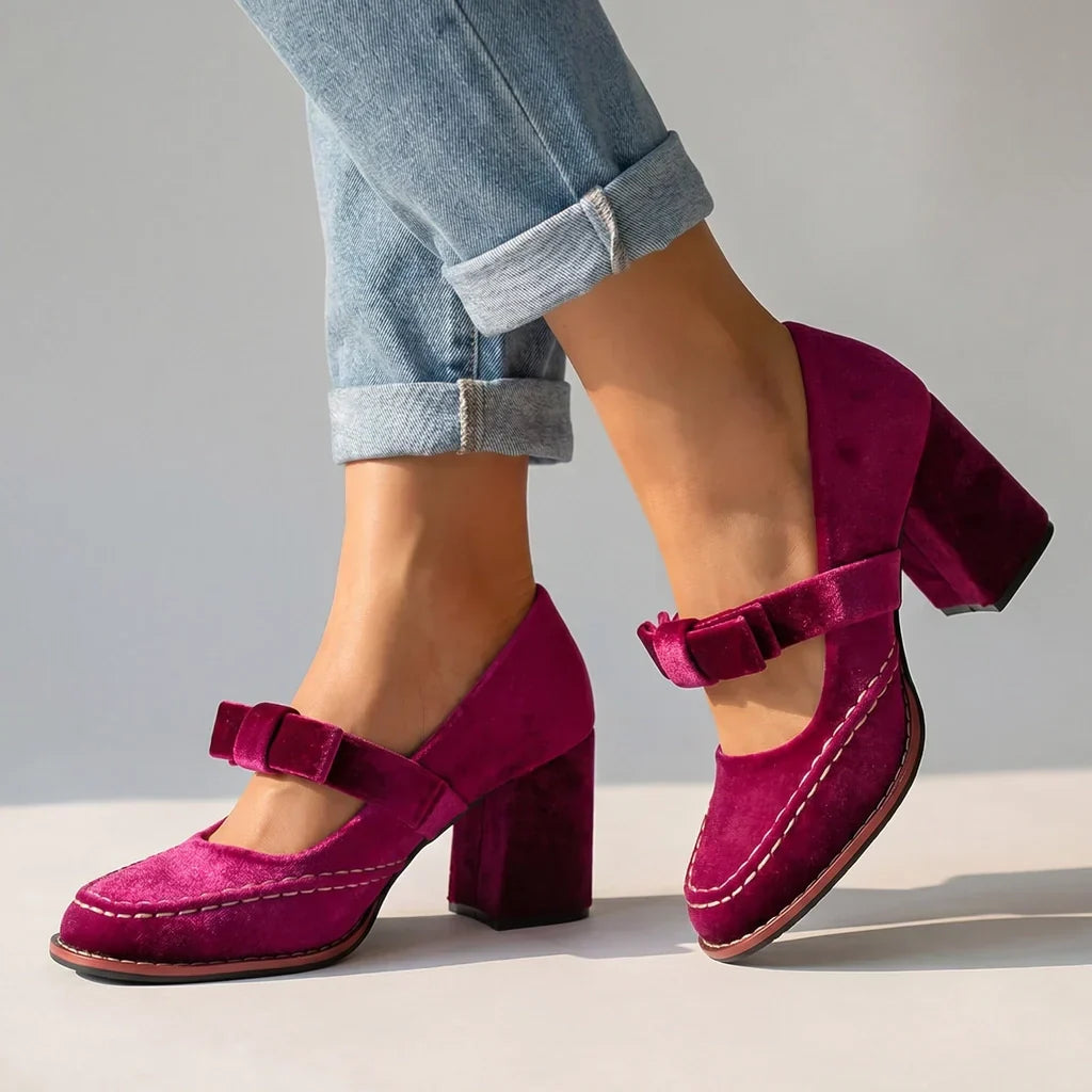 Velvet block heel moccasins for elegant women — Pink