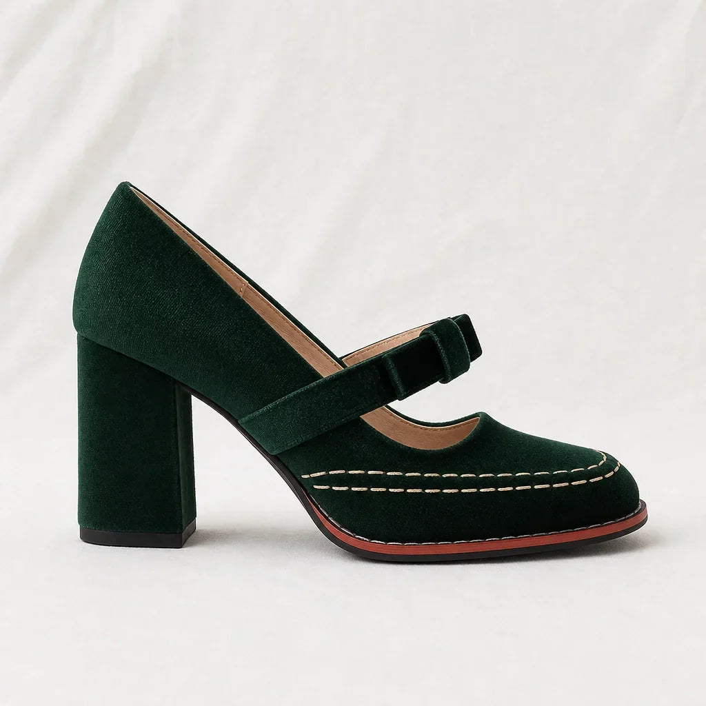 Velvet block heel moccasins for elegant women — Green