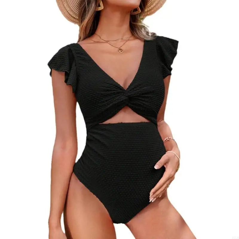 Women's Maternity Two-Piece Bikini Set with Ruffles for the Beach — Black