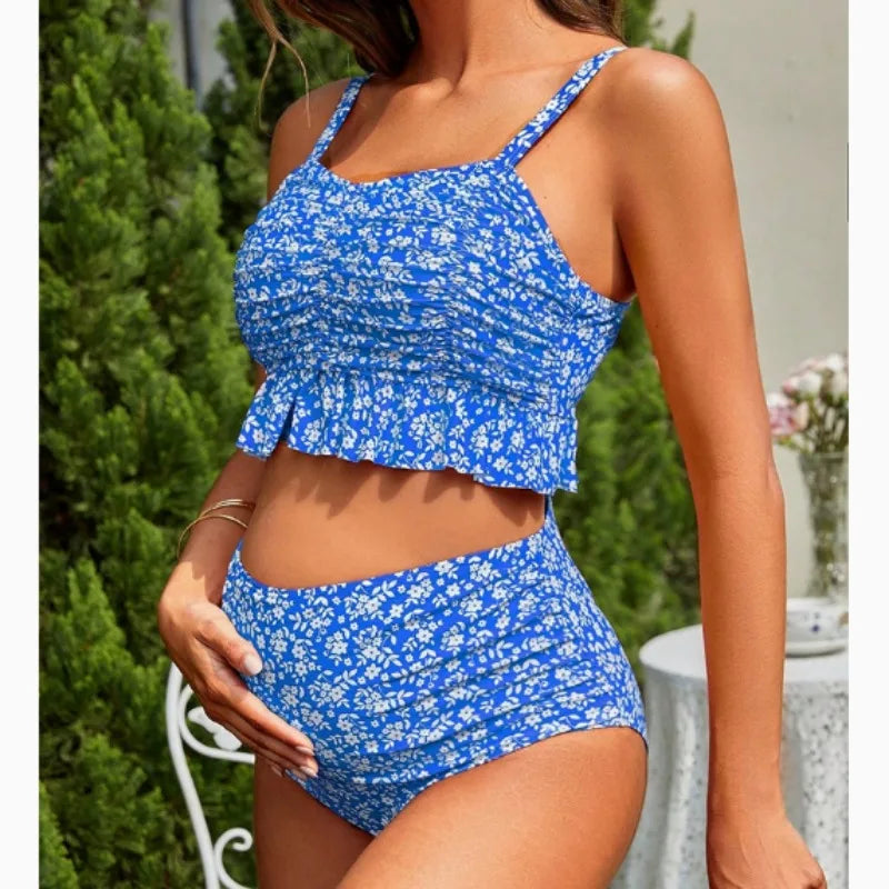 Two-piece maternity bikini swimsuit with ruffles — Blue