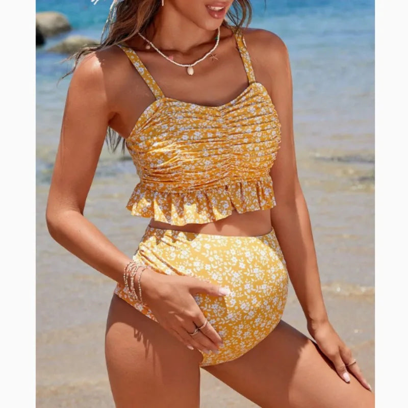 Two-piece maternity bikini swimsuit with ruffles — product view