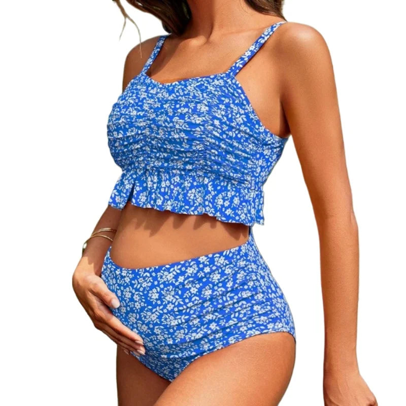 Two-piece maternity bikini swimsuit with ruffles — product view