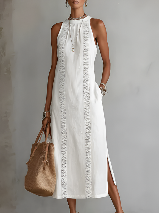 Women's Mid-Length Dress - Embroidered Style, Loose Fit for Summer — White