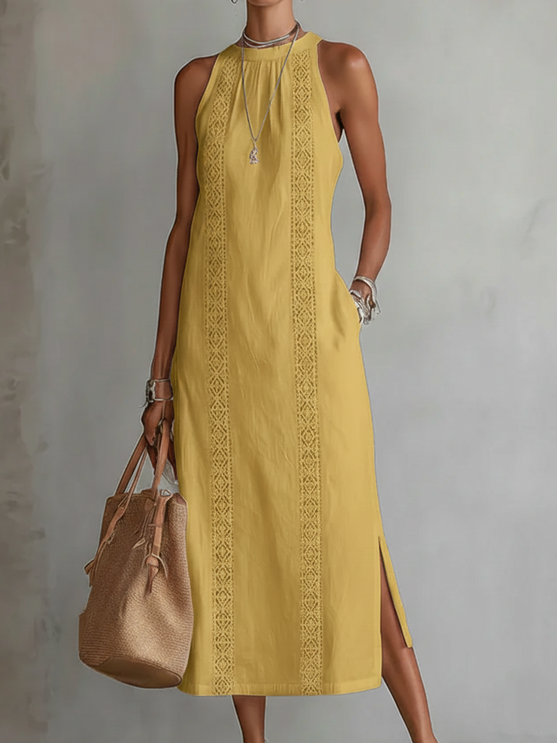 Women's Mid-Length Dress - Embroidered Style, Loose Fit for Summer — Yellow
