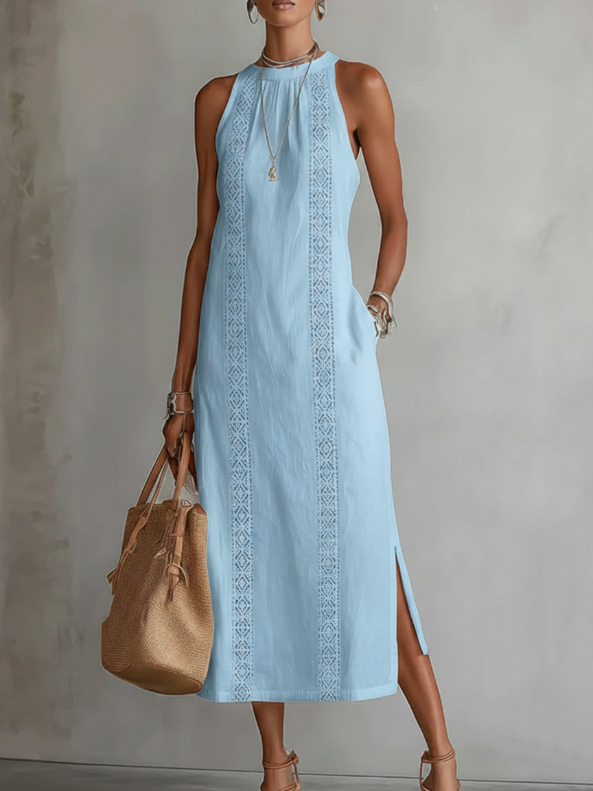 Women's Mid-Length Dress - Embroidered Style, Loose Fit for Summer — Blue