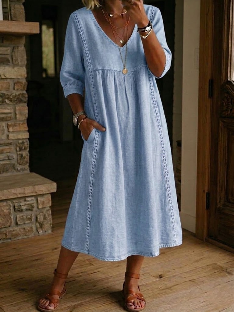 Maxi dress for women - casual style with patch pockets for vacation — Blue