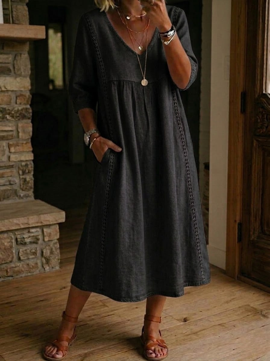 Maxi dress for women - casual style with patch pockets for vacation — Black