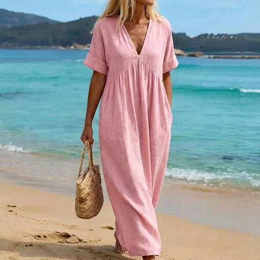 Maxi Dress for Women - Casual V-Neck Style for Vacation — Pink