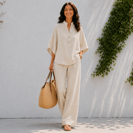 Two-piece women's set - oversized shirt and summer pants — Beige