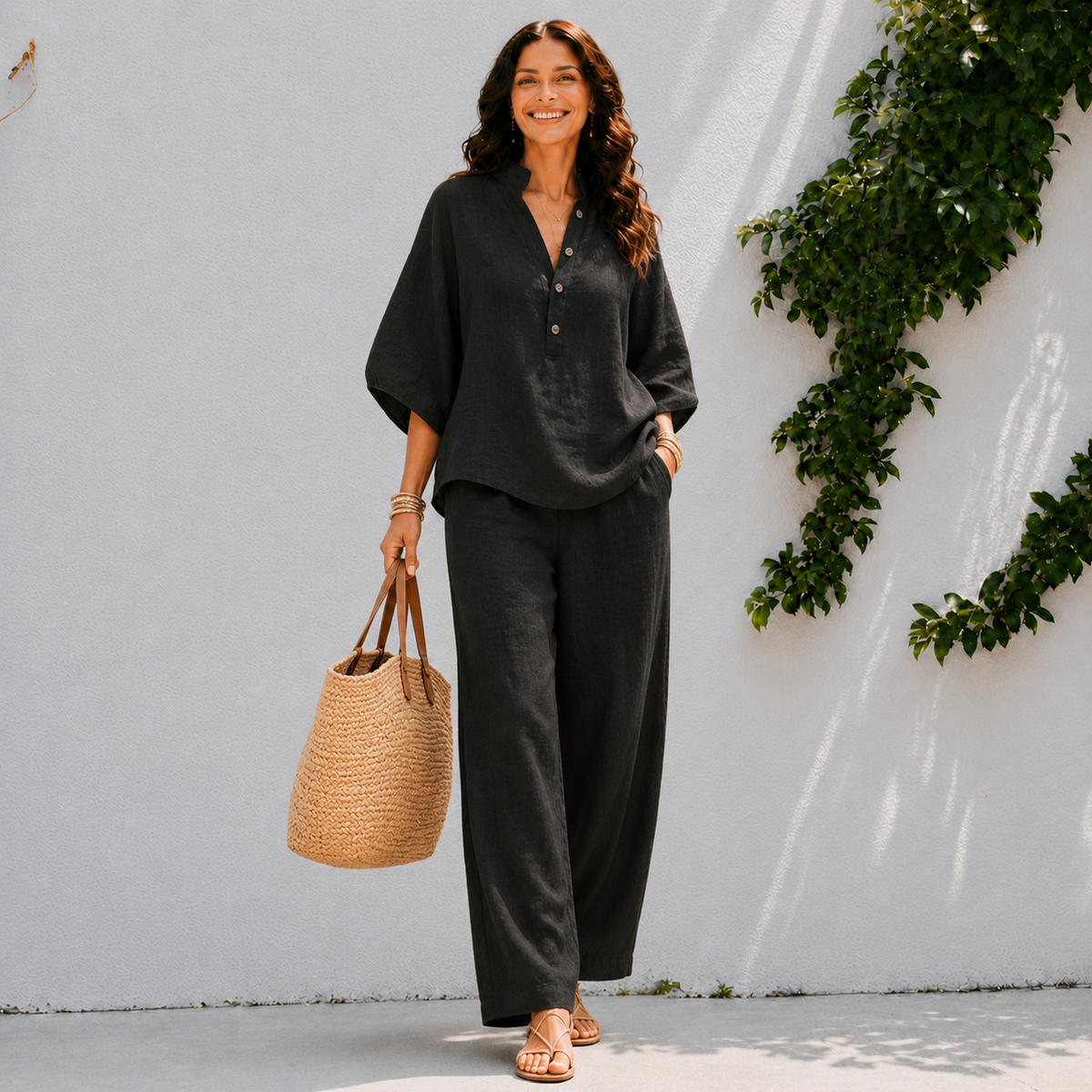 Two-piece women's set - oversized shirt and summer pants — Black