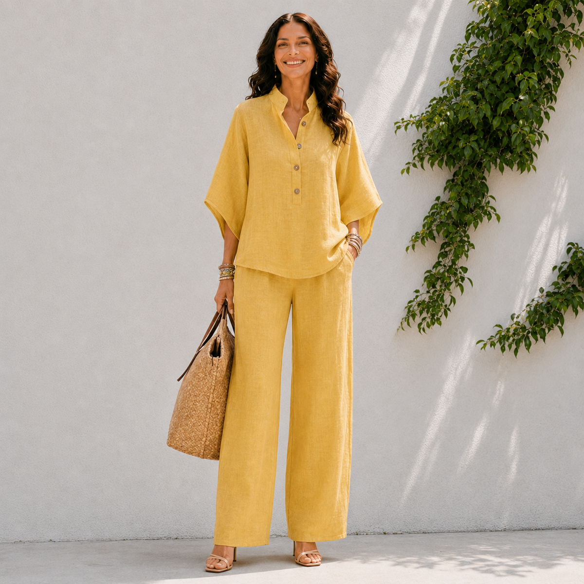 Two-piece women's set - oversized shirt and summer pants — Yellow