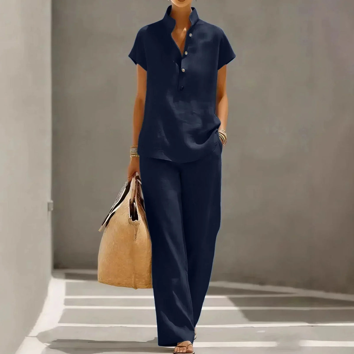 Two-piece women's set - flowy travel pants — Dark Blue