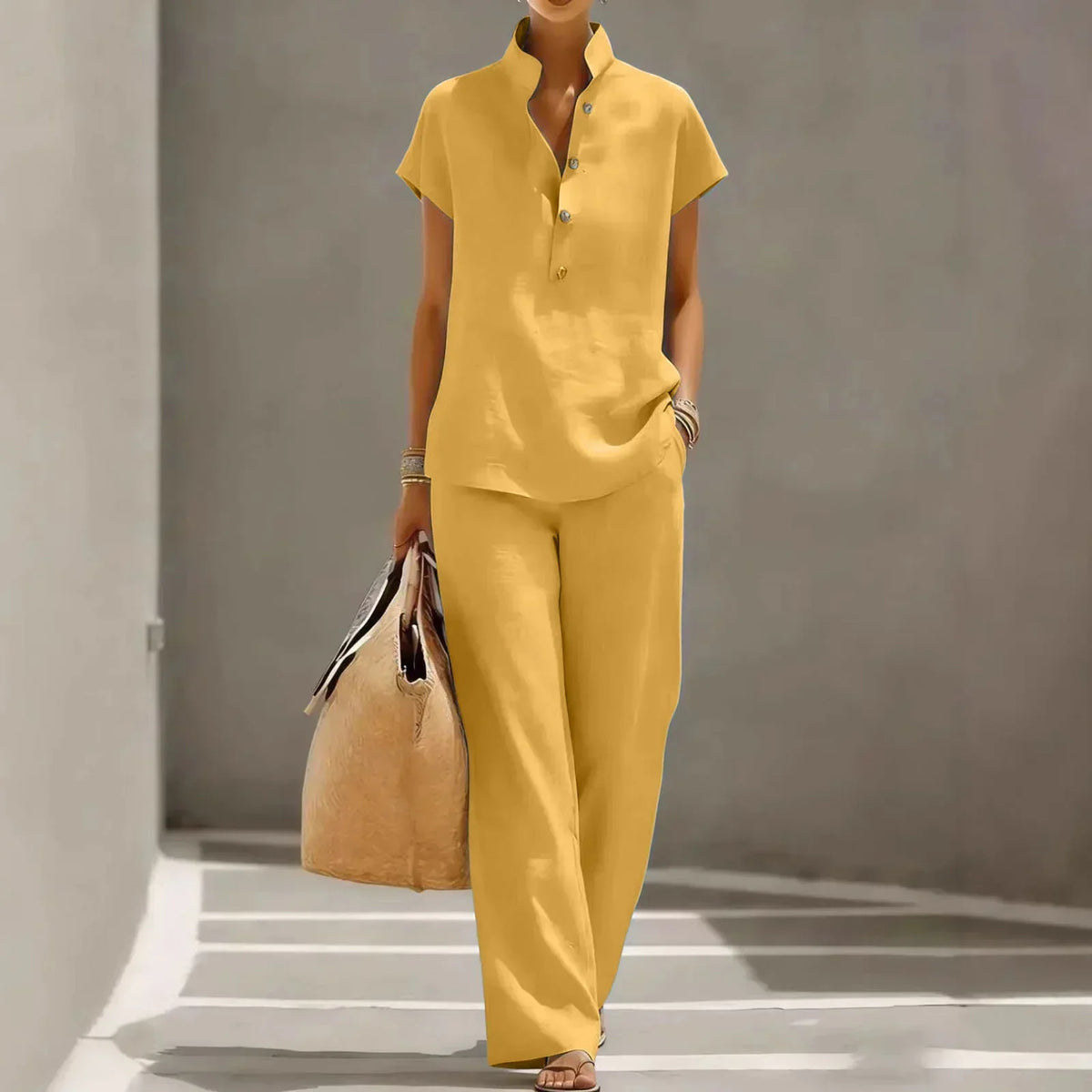 Two-piece women's set - flowy travel pants — Yellow