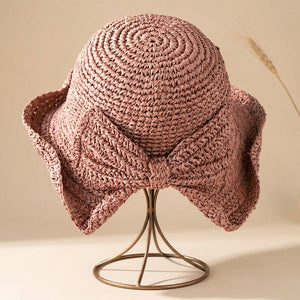 Women's Wide-Brim Straw Hat - Ribbon with Bow - Travel Sun Accessory — Burgundy
