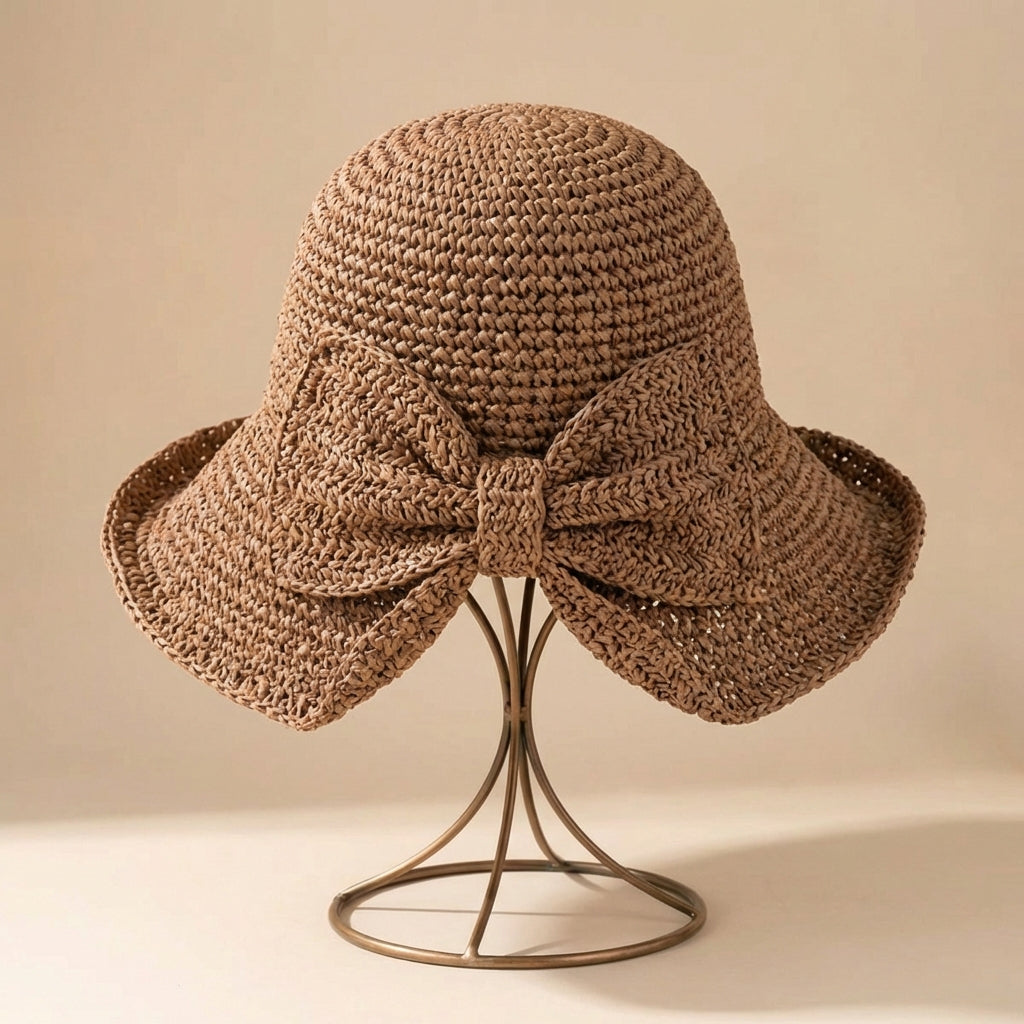 Women's Wide-Brim Straw Hat - Ribbon with Bow - Travel Sun Accessory — Brown