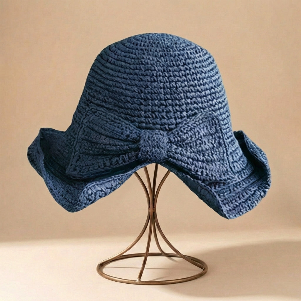 Women's Wide-Brim Straw Hat - Ribbon with Bow - Travel Sun Accessory — Dark Blue