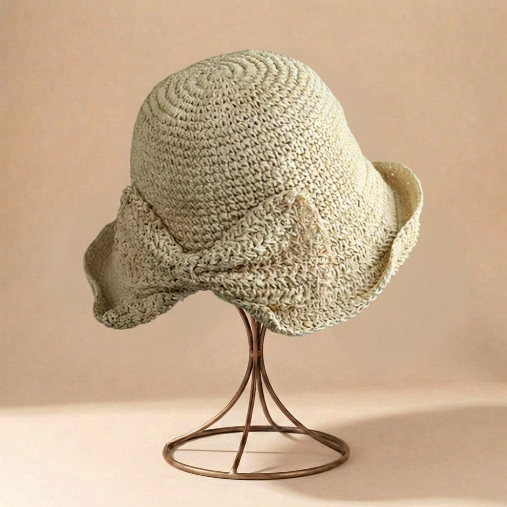 Women's Wide-Brim Straw Hat - Ribbon with Bow - Travel Sun Accessory — Beige