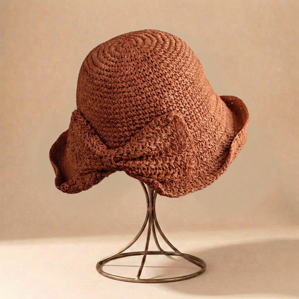 Women's Wide-Brim Straw Hat - Ribbon with Bow - Travel Sun Accessory — Dark Orange