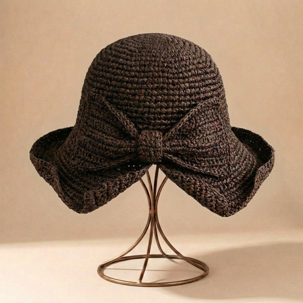 Women's Wide-Brim Straw Hat - Ribbon with Bow - Travel Sun Accessory — Dark Brown