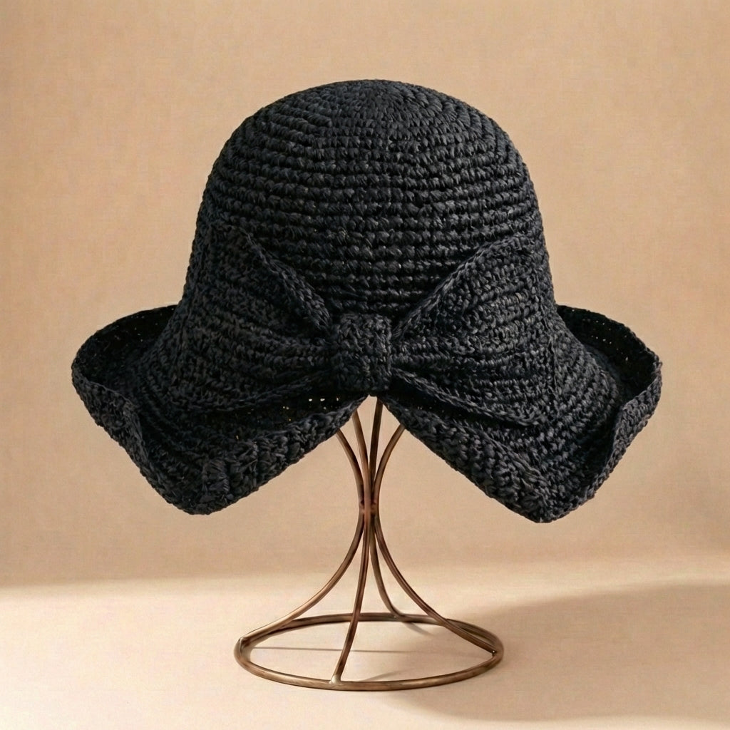 Women's Wide-Brim Straw Hat - Ribbon with Bow - Travel Sun Accessory — Black