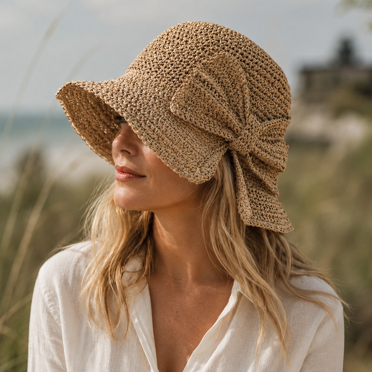 Women's Sun Bucket Hat - Large Soft Bow - Travel Fashion — Brown