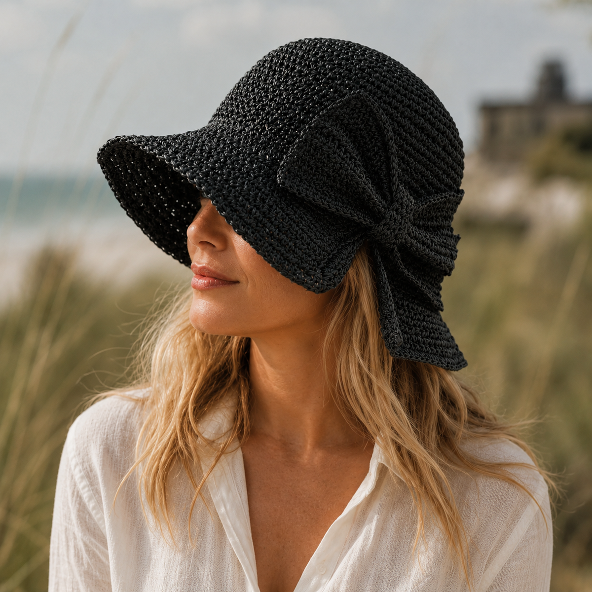Women's Sun Bucket Hat - Large Soft Bow - Travel Fashion — Black