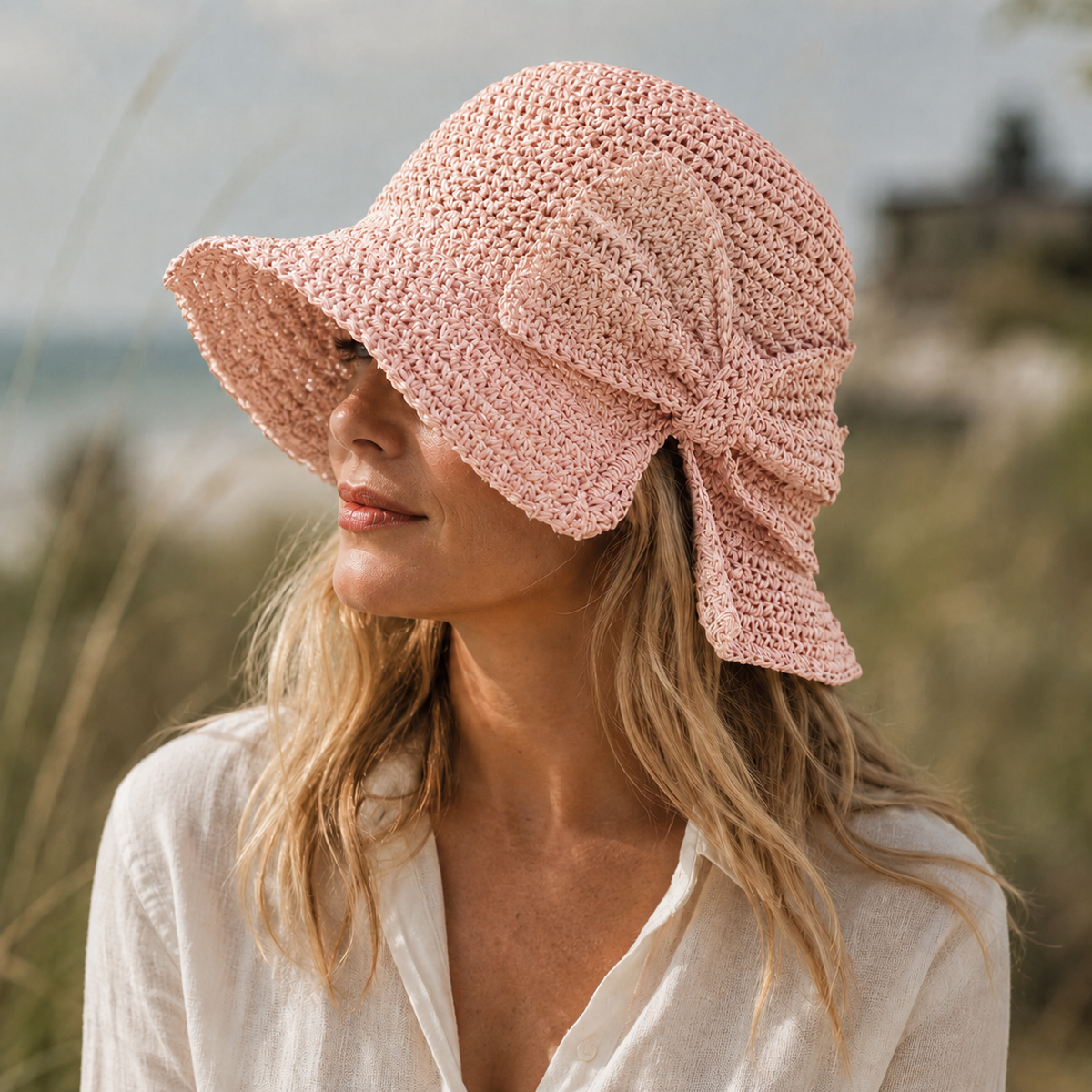 Women's Sun Bucket Hat - Large Soft Bow - Travel Fashion — Pink